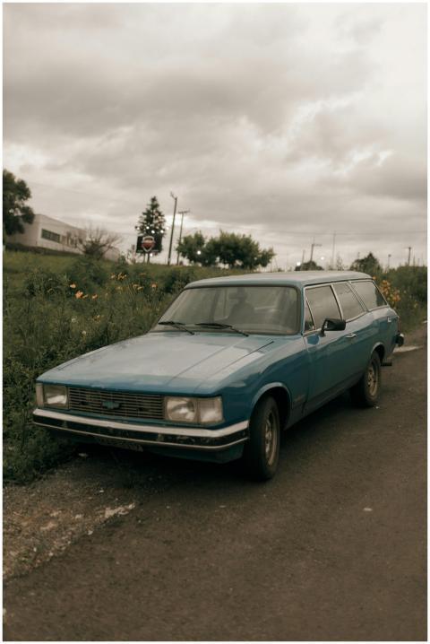 A classic blue sedan parked on a grassy roadside u