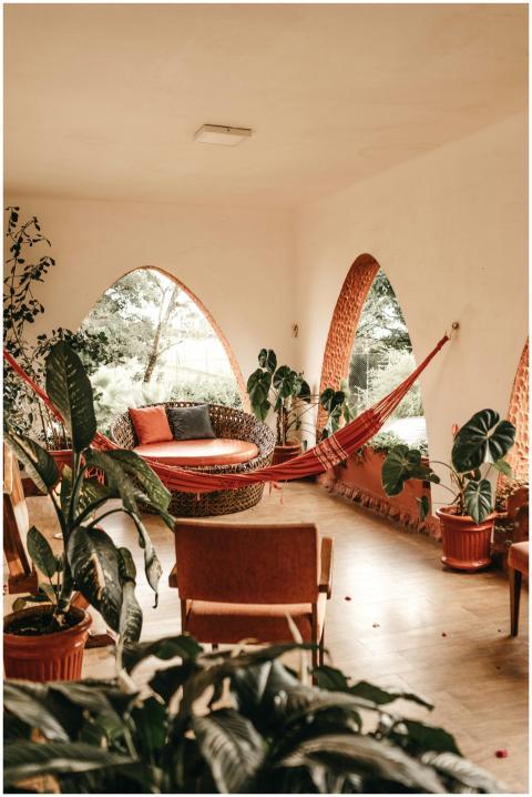 A spacious modern living room featuring a hammock,
