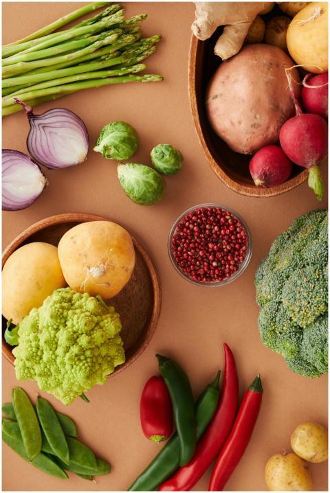 A colorful flat lay of fresh vegetables including