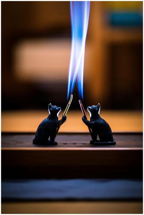 Close-up of cat figurines with streams of blue fla