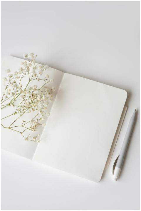 Open notepad with a pen and dried flowers on a whi
