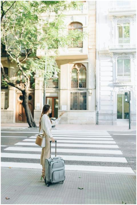 A young woman with a suitcase stands at a city cro