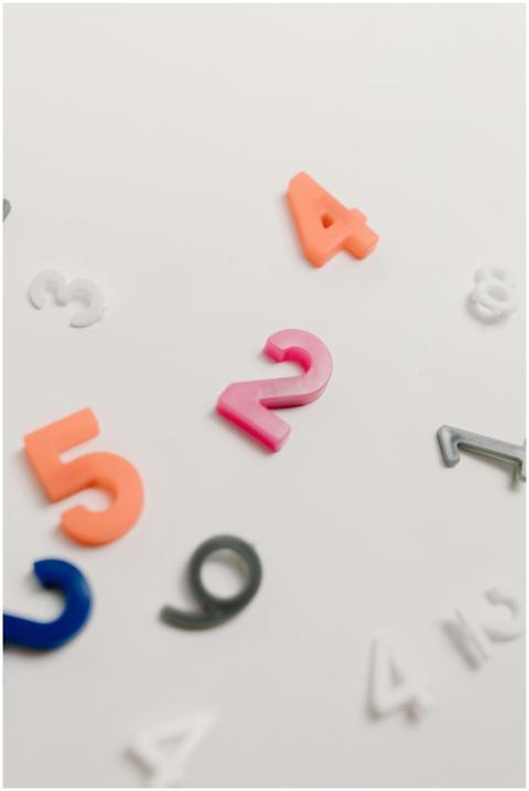 Colorful plastic numbers scattered on a white surf