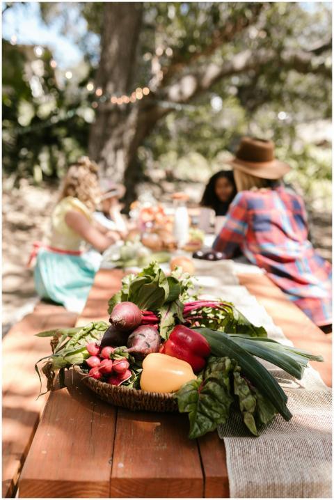 Colorful basket of vegetables on a picnic table wi
