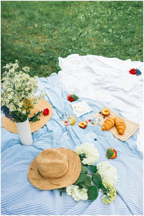 Elegant picnic scene with croissants, fruits, flow