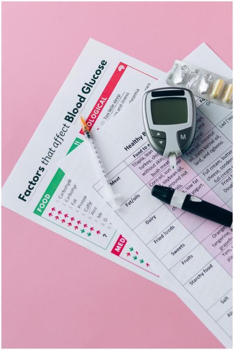 Glucometer, syringe, and health charts for diabete