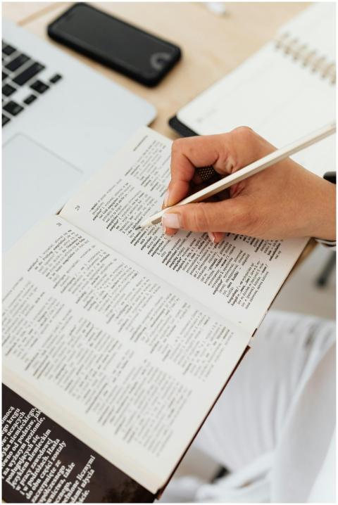 Close-up of a person underlining text in a diction