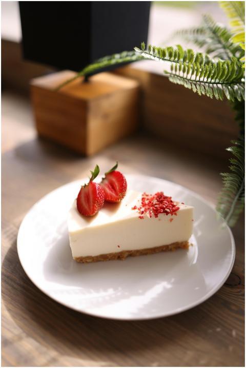 A slice of creamy cheesecake topped with fresh str