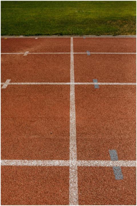 Close-up of running track lanes and markings with