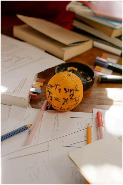 Orange with math formulas among books and study ma
