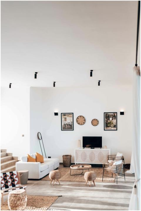 Bright, minimalistic living room interior with mod