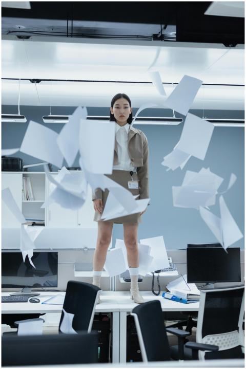 A woman in a modern office with papers flying arou
