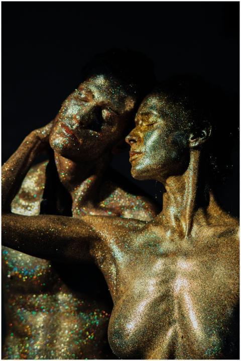 A creative depiction of a man and woman covered in