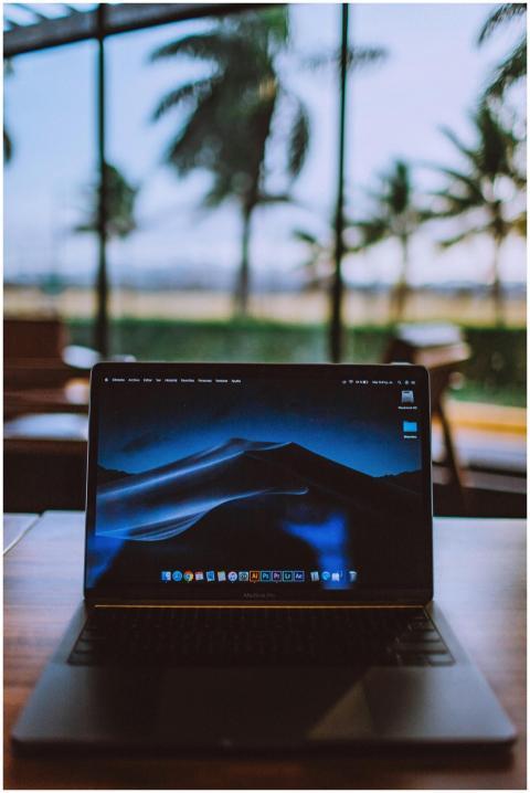 A sleek laptop on a wooden desk with a tropical vi
