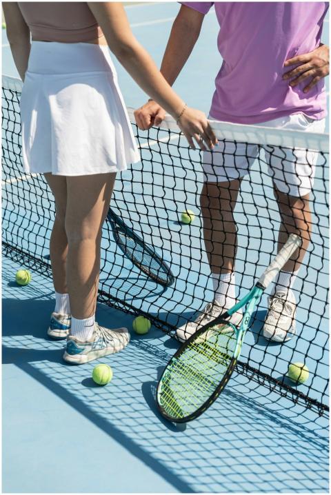 Two tennis players standing and chatting on a sunn
