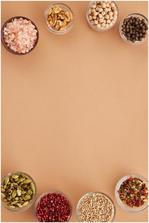 Diverse collection of nuts and spices in small bow