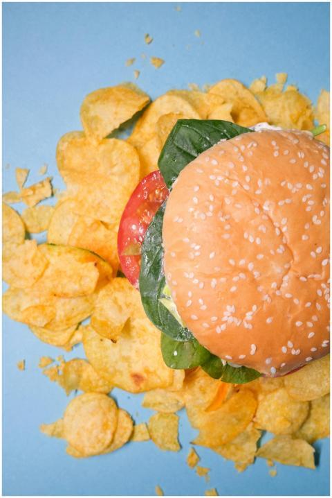 Top view of a tasty burger surrounded by crispy po