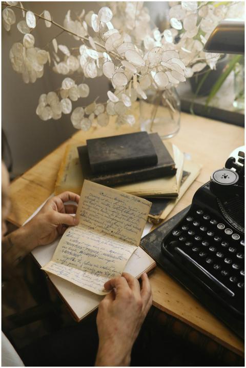 A serene scene featuring a vintage typewriter and