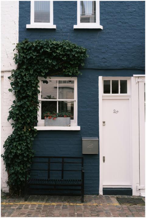 Navy blue townhouse facade with ivy and white door