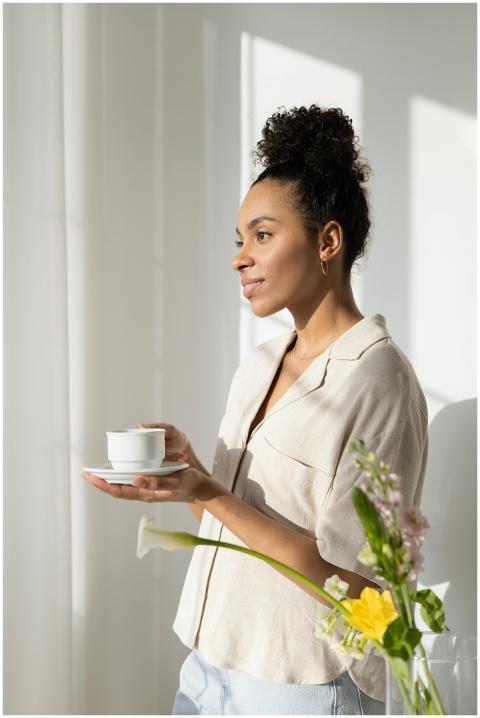 Smiling woman with curly hair holding a cup and sa