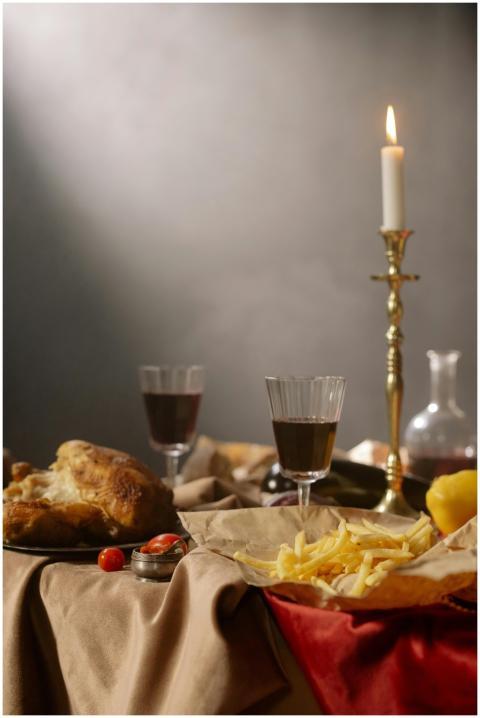 Cozy candlelit dinner setup with wine, roast chick