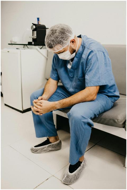 A male doctor in hospital attire sitting pensively