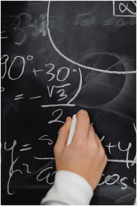 Hand writing complex math equations on a blackboar