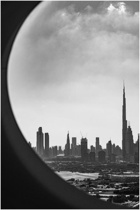 Stunning black and white view of Dubai skyline, fe