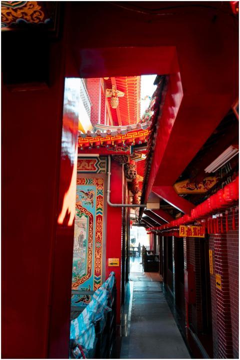 Colorful passage in Asian temple with intricate re