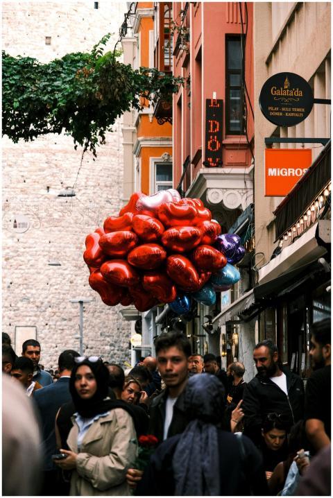 Crowded street in Istanbul with vibrant heart-shap