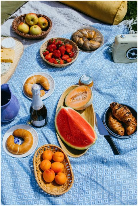 Colorful picnic setup featuring fresh fruits, past