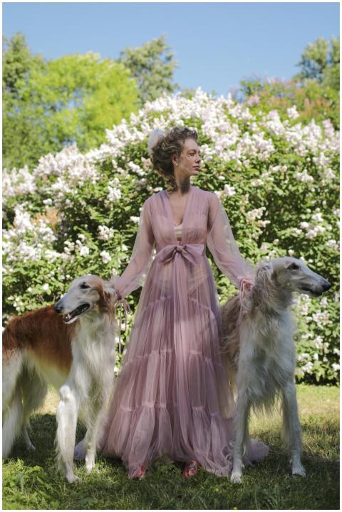 A woman in a pink dress posing with two Borzoi dog