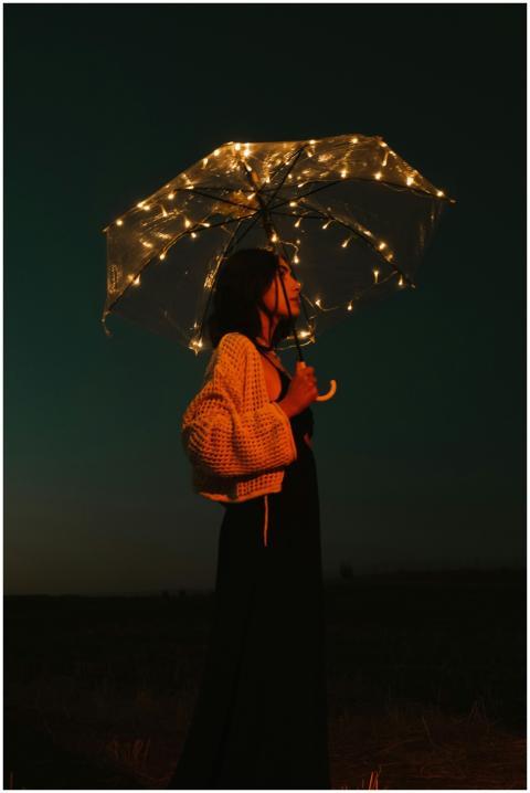 Woman holding illuminated umbrella against night s