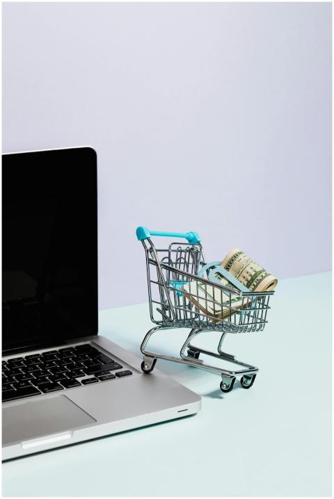 Mini shopping cart with rolled cash next to a lapt