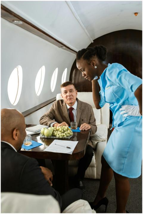 Business professionals are attended by a stewardes