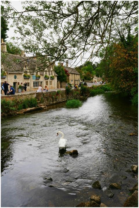 Serene view of a classic English village by a rive