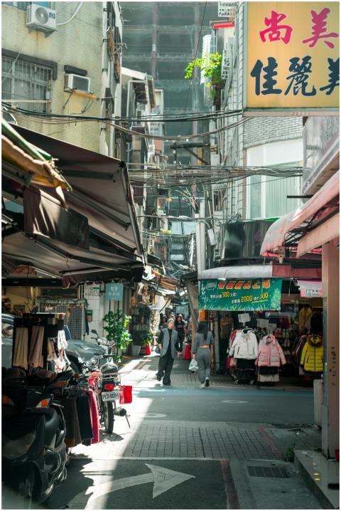Lively street market in Taipei with locals shoppin