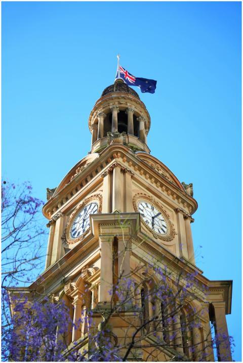View of Sydney Town Hall's clock tower and Austral