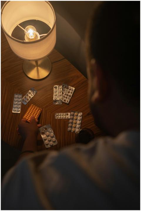 An unrecognizable man sorting pills under a lamp's