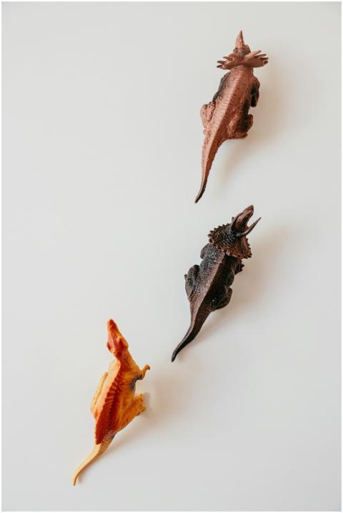 Three colorful dinosaur figurines arranged on a wh