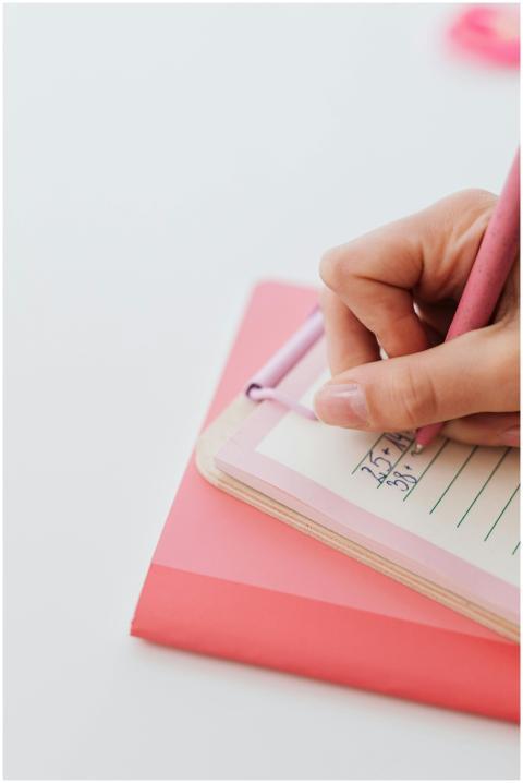 Handwriting close-up on lined paper, showcasing pr