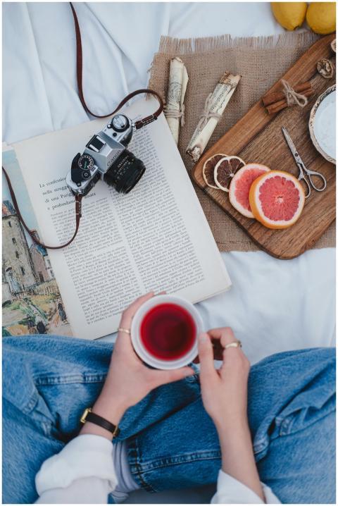 Relaxing outdoor picnic setup with a book, camera,