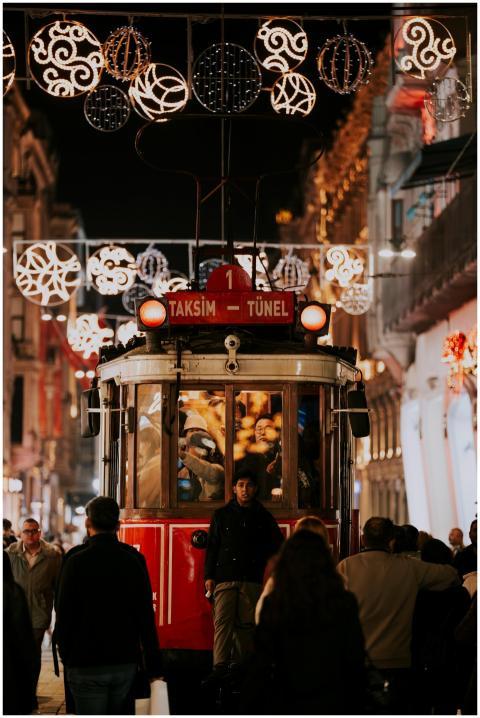 Nighttime scene of Istanbul's iconic tram on a vib