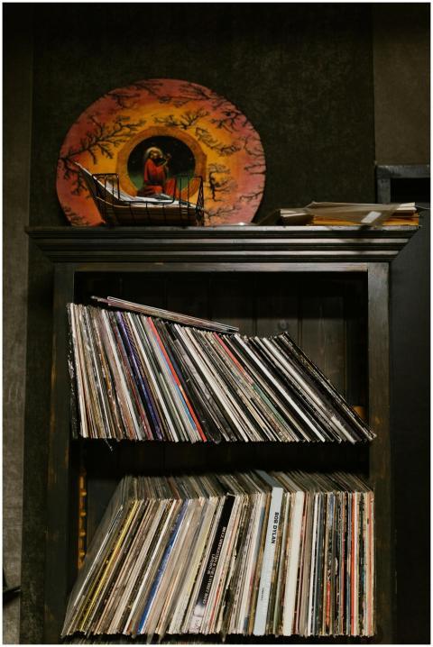 A vintage collection of vinyl records neatly arran