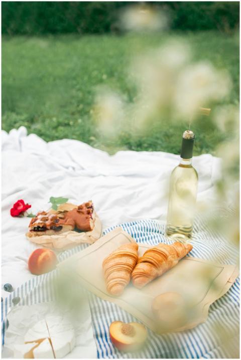 An inviting summer picnic scene with wine, croissa