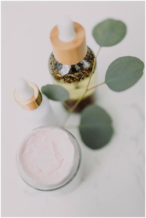 Minimalist skincare display featuring creams and o