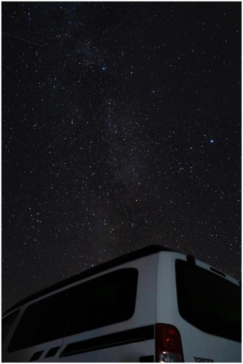 A camper van parked under a dazzling starry sky, p