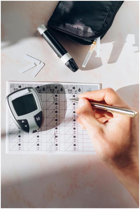 Close-up of a diabetes management kit including a