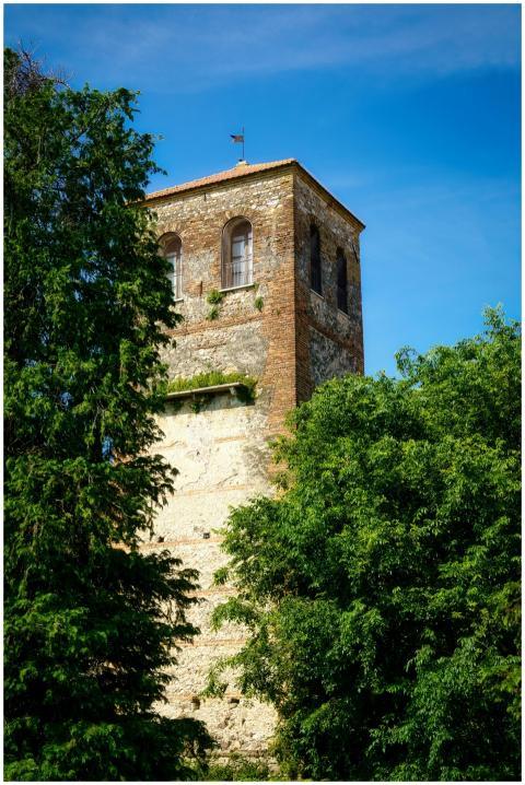 Stone tower nestled among lush green trees under a