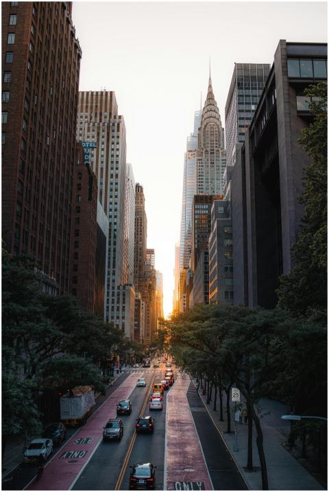 Sunrise view of a bustling New York City street wi
